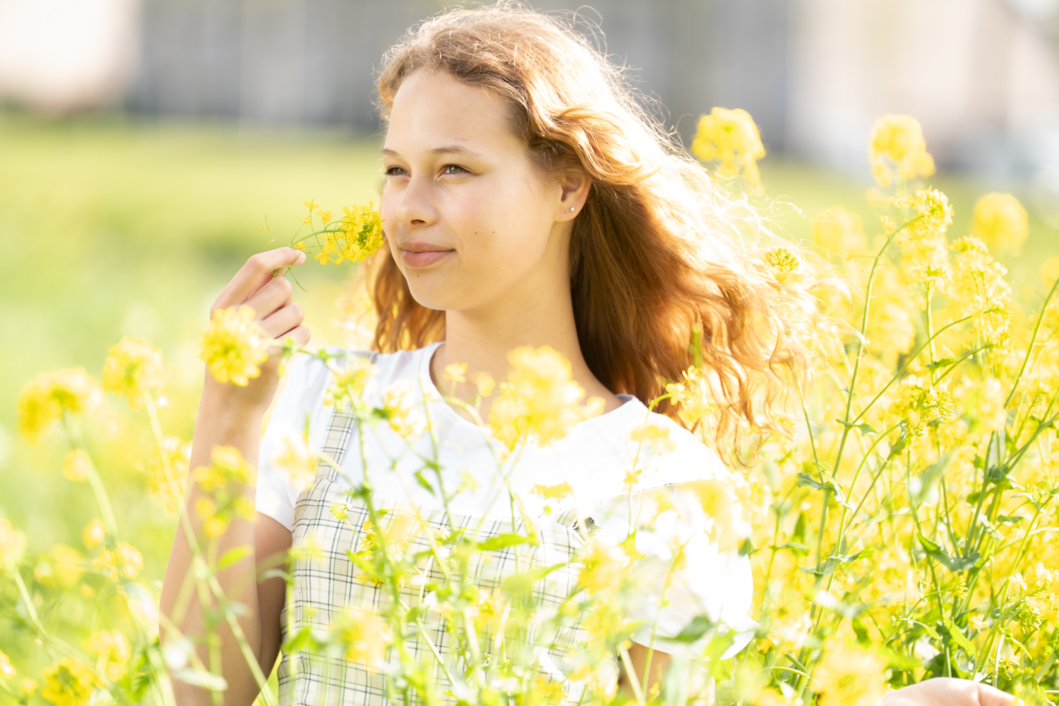 Jonge vrouw tussen gele bloemen in zonlicht